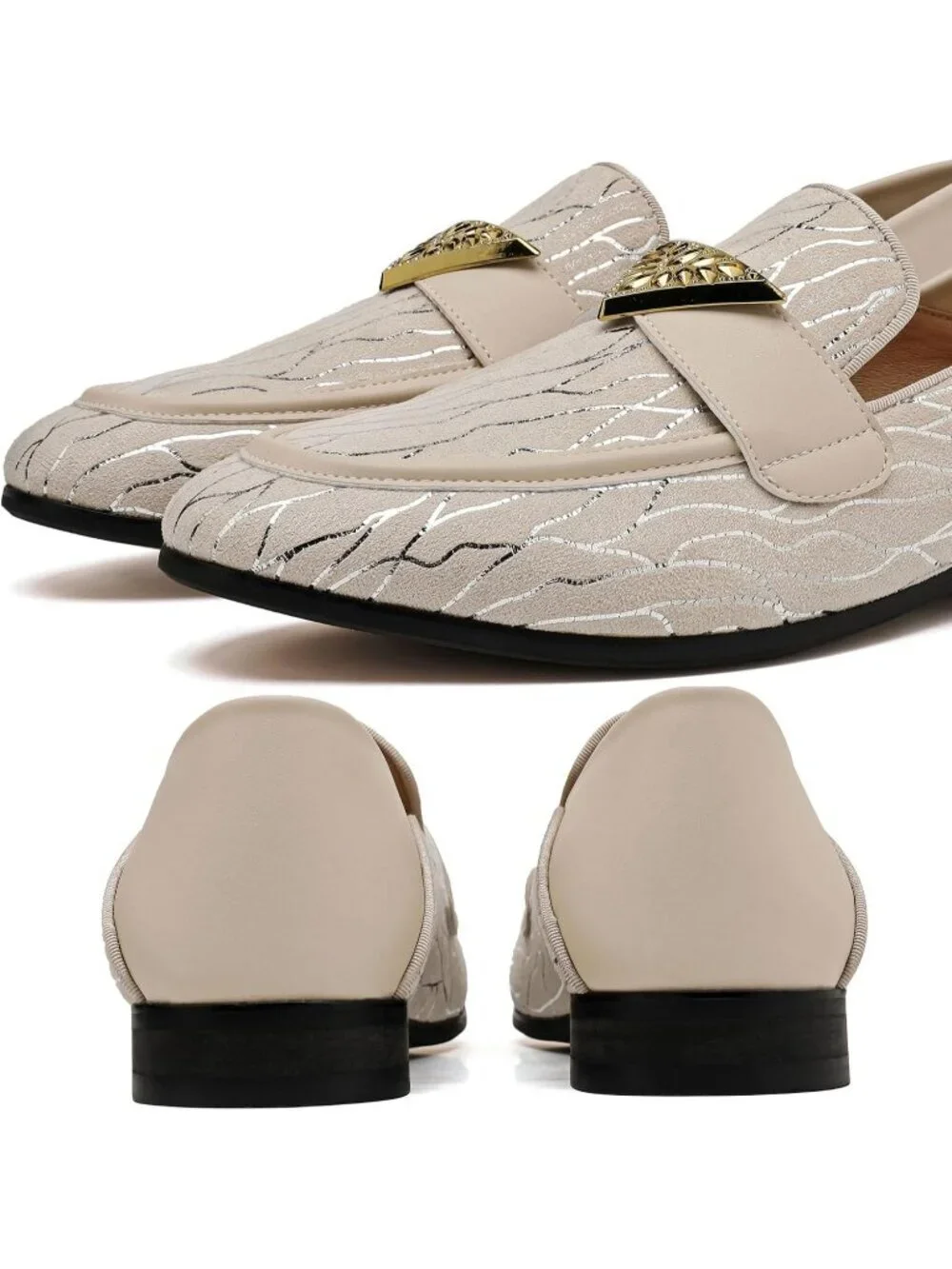 FQEQNQG Men's Beige Velvet Loafers Metal Buckle Shiny Slip On Classic Shoes